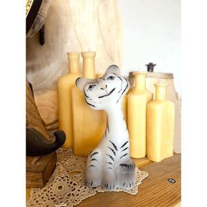 Vintage Fenton Hand Painted Cat Figurine – Satin Glass White Cat with Black Stri